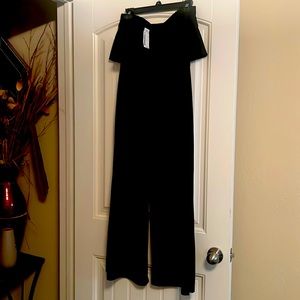 Black off shoulder ruffles wide leg pants one piece jumpsuit